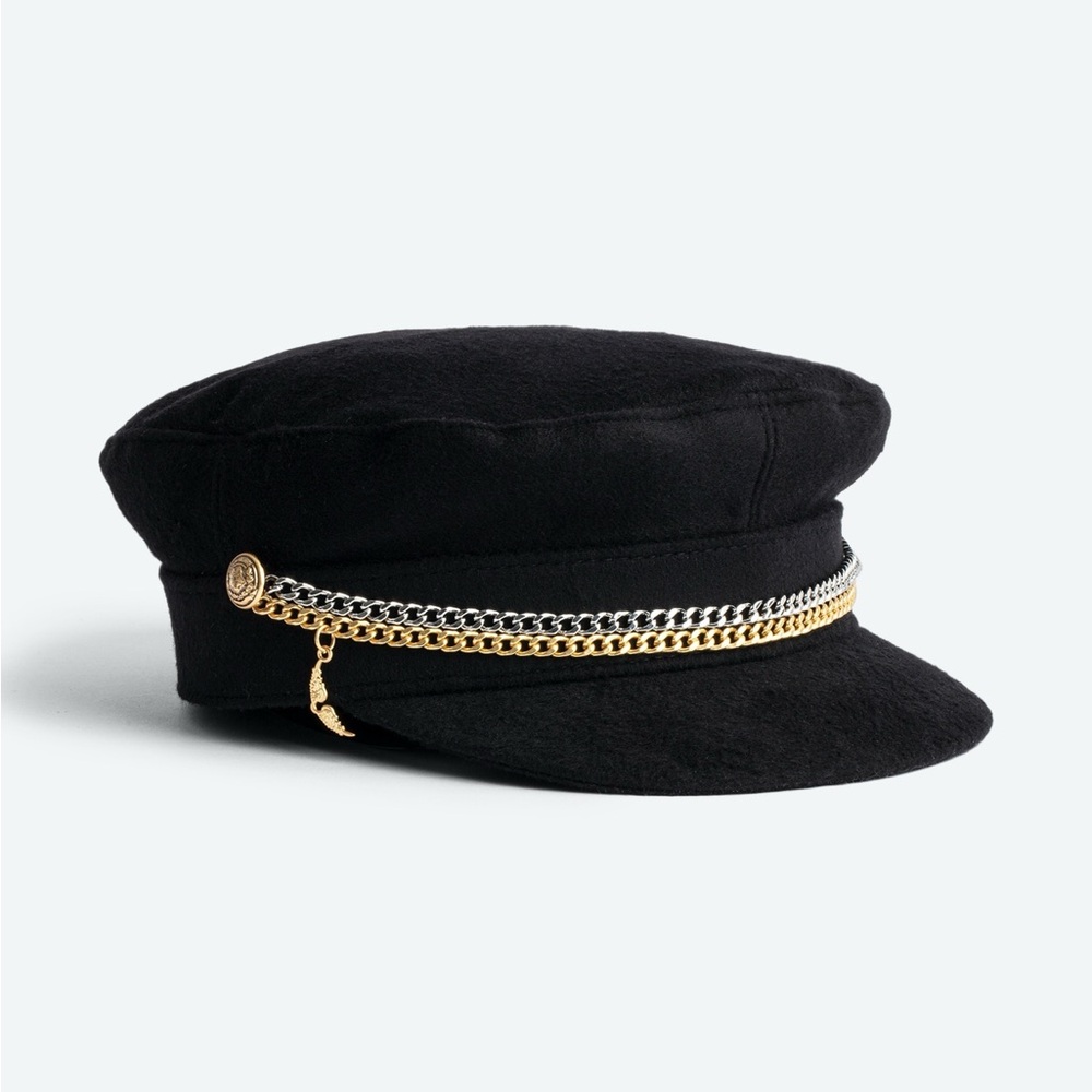 Black Chain Trim Baker Boy Hat